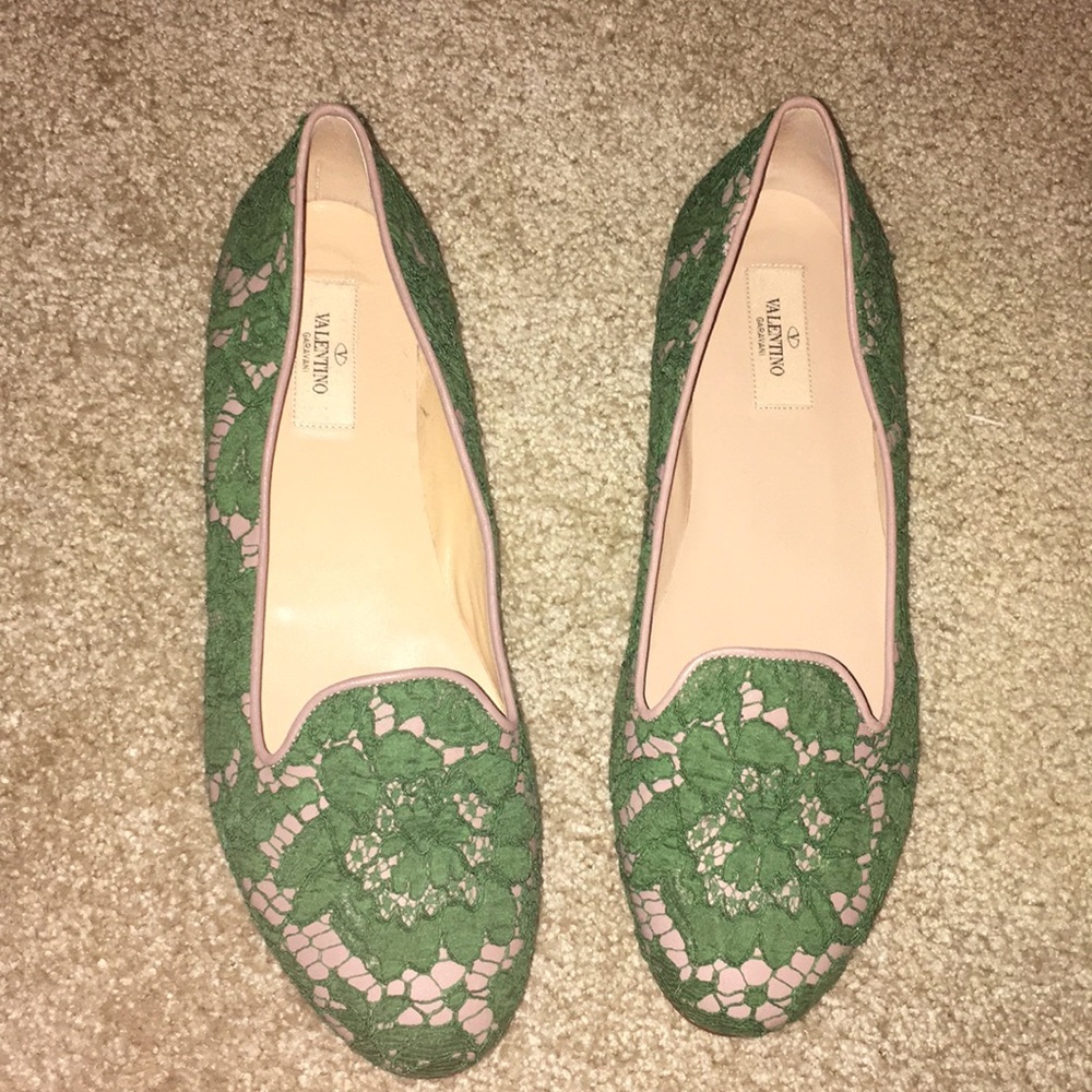 Green lace and tan Valentino flats